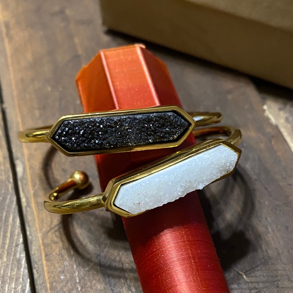 Two Gold Tone Cuff Druzy Bracelets - One Black and One White Druzy
